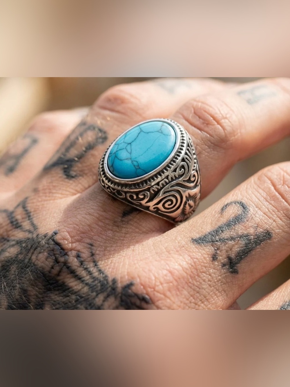 Western Turquoise Statement Ring Size 11 Silver Tone Engraved Oval Cabochon